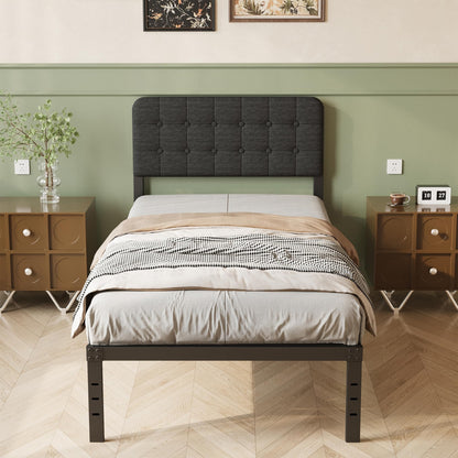 Lutown-Teen Single Bed Frame with Black Upholstered Headboard