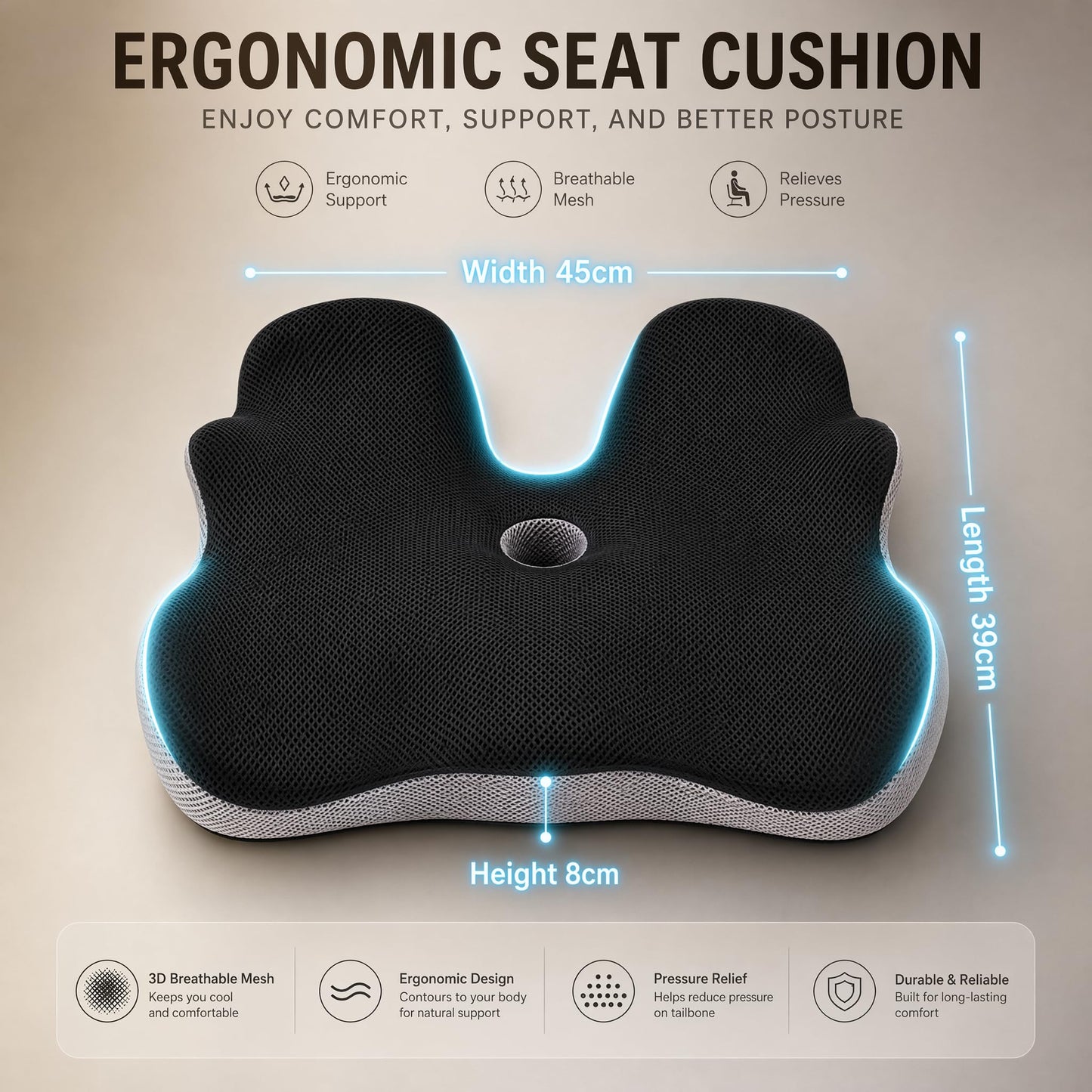 AmzHandler Memory Foam Seat Cushion, Comfort Chair Pad for Home, Office, Car and Daily Use, Ergonomic Support Cushion for Driving and Sitting, Black