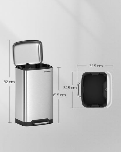 SONGMICS Rubbish Bin, 30L Trash Can, Steel Pedal Bin, with Inner Bucket and Lid, Soft Closure, Airtight, for Kitchen, Living Room, Silver Colour