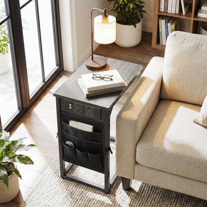 AMHANCIBLE C-Shaped Side Table, Side Table with Charging Station