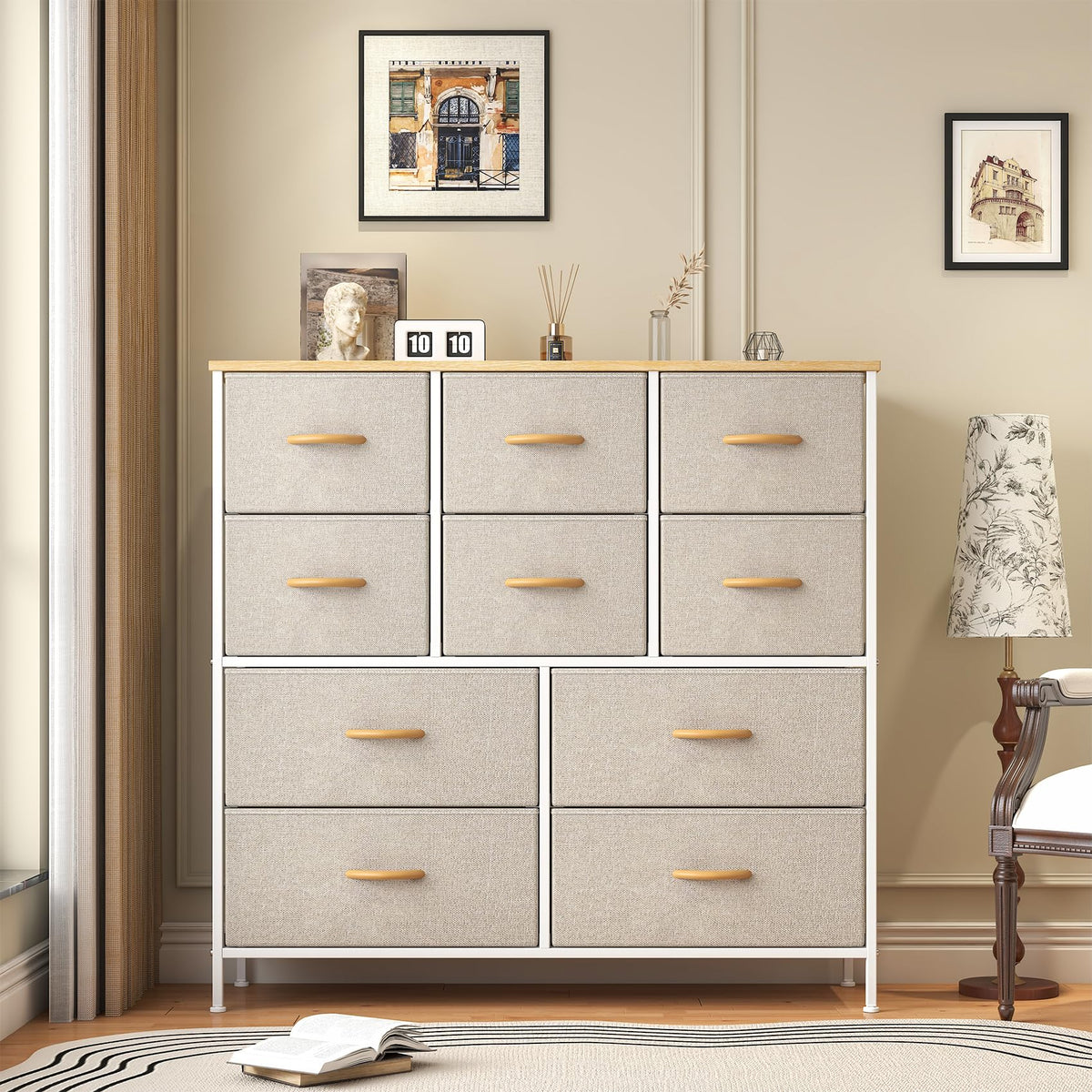 Feonase Chest of Drawers,Bedroom Tall Dresser with 10 Fabric Drawers, Metal Frame & MDF Wood Top, Adjustable Feet, Storage Organizer Unit for Bedroom
