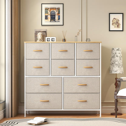 Feonase Chest of Drawers,Bedroom Tall Dresser with 10 Fabric Drawers, Metal Frame & MDF Wood Top, Adjustable Feet, Storage Organizer Unit for Bedroom