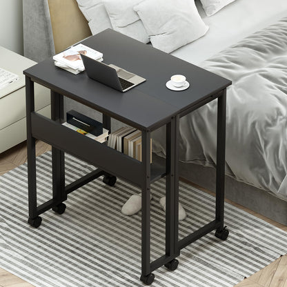 GreenForest Small Folding Desk with Storage Shelf,63 cm Computer Rolling Desk on Wheels Easy Assembly,Foldable desk for Small Space,Black