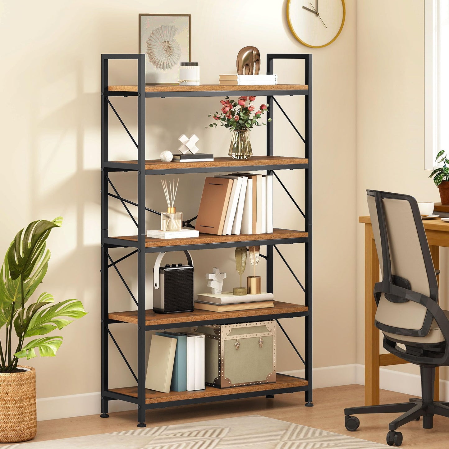 DWVO Bookcase 5 Tiers, Industrial Book Shelf 80cm Wide 158cm High Large Book Case Wooden Shelf and Metal Shelving Unit Display Storage Rack for