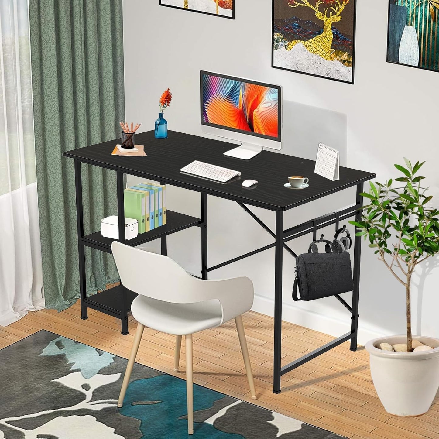YOBWOK Computer Desk,Desk with 2 Reversible Shelves, Computer Table for Workstations, Gaming Desk, for Home Office, Living Room, Steel Frame,2 Hooks