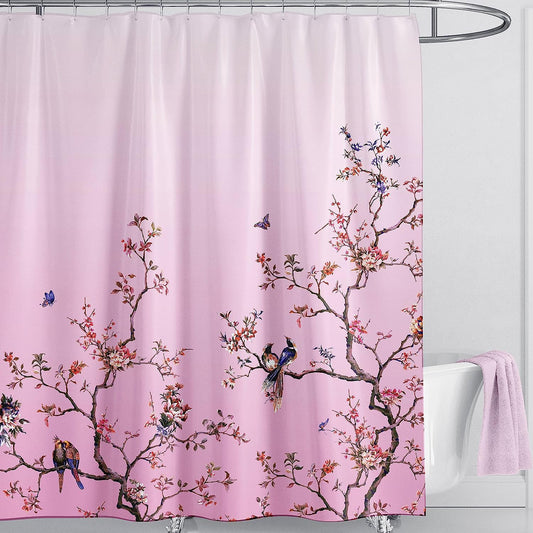 LIVETTY Pink Bird Floral Shower Curtain 180cm ? 200cm Mould Proof Butterfly Fabric Bathroom curtain For Women & Men With 12 Hooks Washable