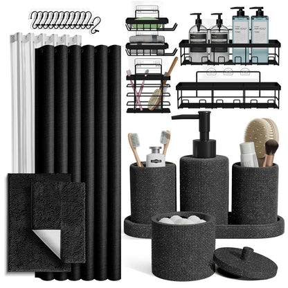 Clara Clark Coal Black Bathroom Set - Bathroom Sets with Shower Curtain and Rugs, 26PC Bathroom Accessory Set