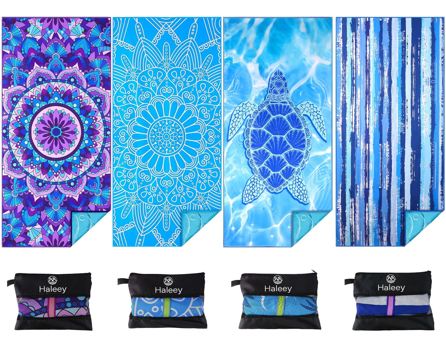 Haleey 4 Pack Microfibre Lightweight Beach Towel 180x80cm Oversized Extra Large Thin Sand Free Towels Travel Swim Pool Yoga Gym Camping for Adults