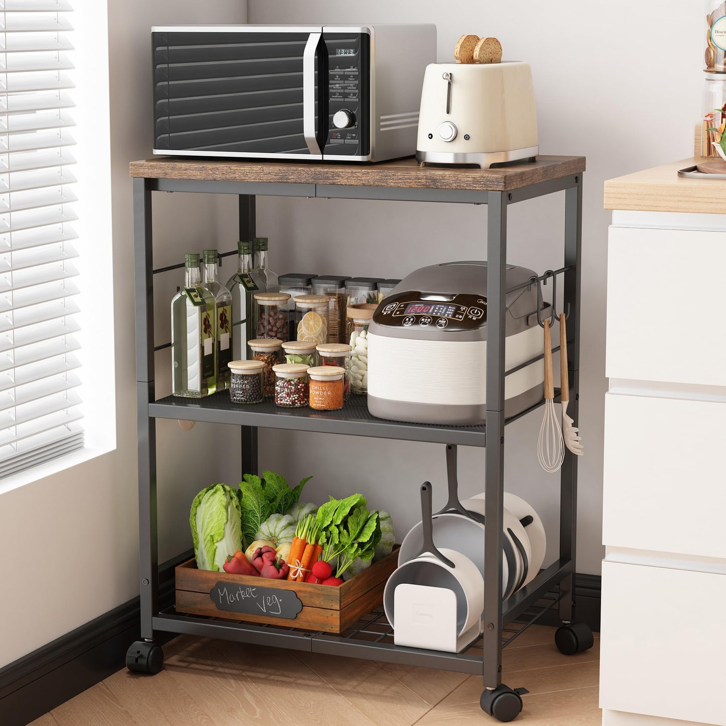 Ornestia 3 Tier Kitchen Trolley With Small Island for Storage(Black)