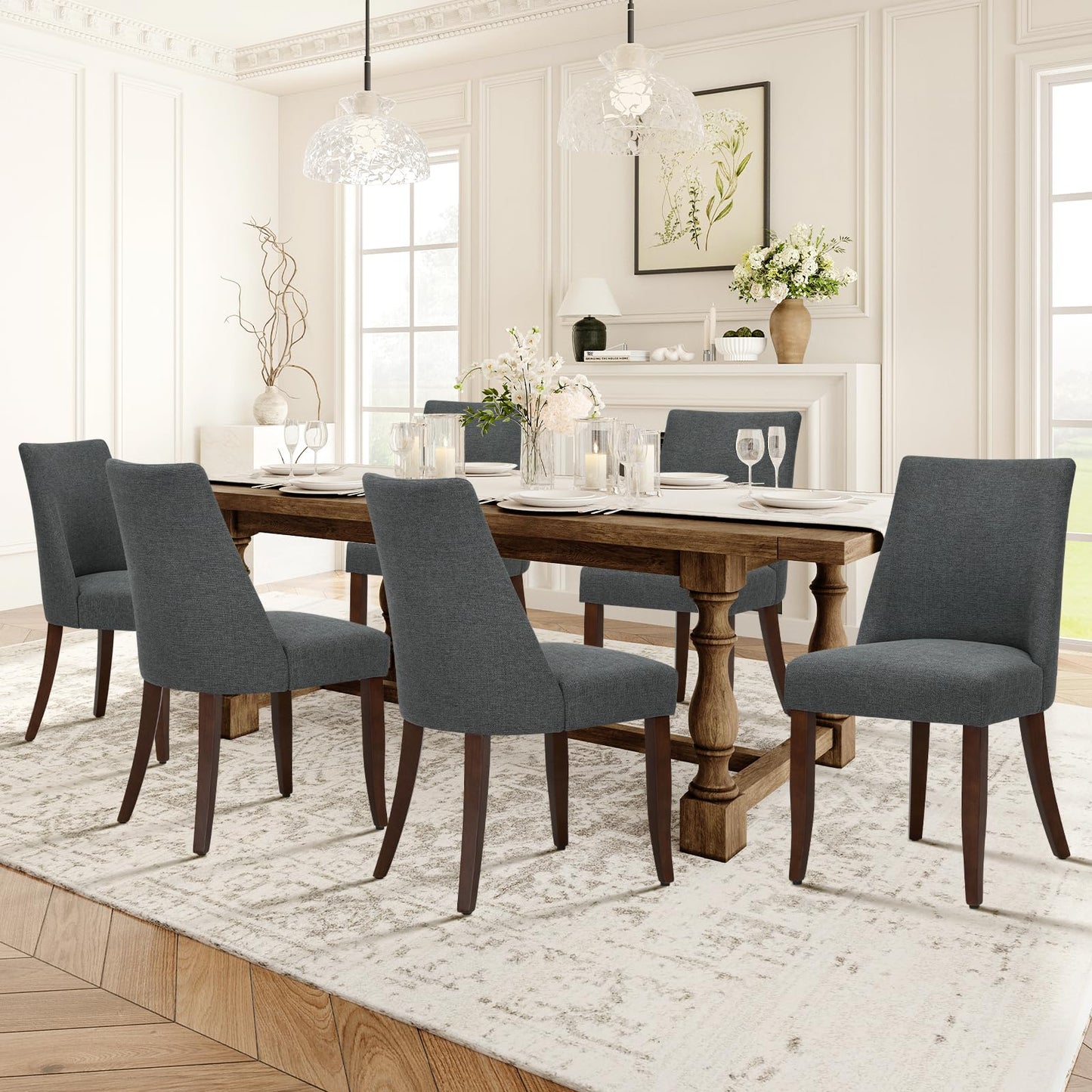 COLAMY Upholstered Dining Chairs Set of 6, Linen Fabric Parsons Dining Room Chairs with Curved Backrest, Solid Rubber Wood Legs