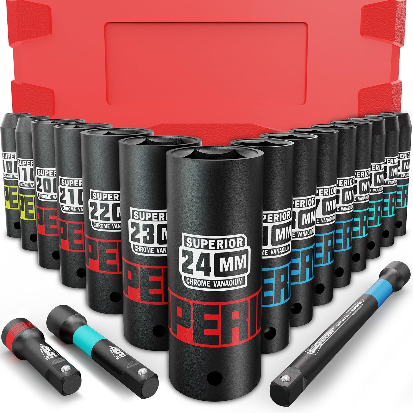 KIRXST 1/2 Inch Drive Impact Socket Set?18 Piece Deep Sockets 10-24 mm?Metric Socket Set with 3" 5" 10" Extension Bar for Automotive Trucks Tractors