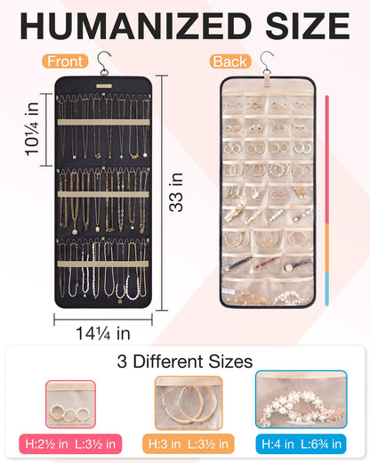 bagsmart Dual-sided Jewelry Organizer Hanging with Metal Hooks,32 Pockets and 3 Wave-Shaped Hooks,Jewelry Roll for Earrings,Necklaces,Rings on