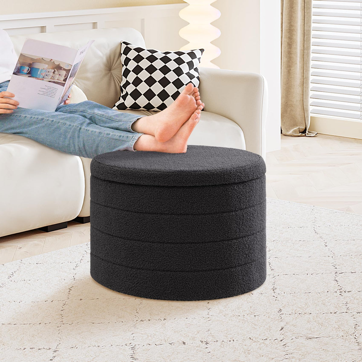 PINPLUS Round Ottoman Storage, Convertible Table, Dark Grey, 56x56x40 cm