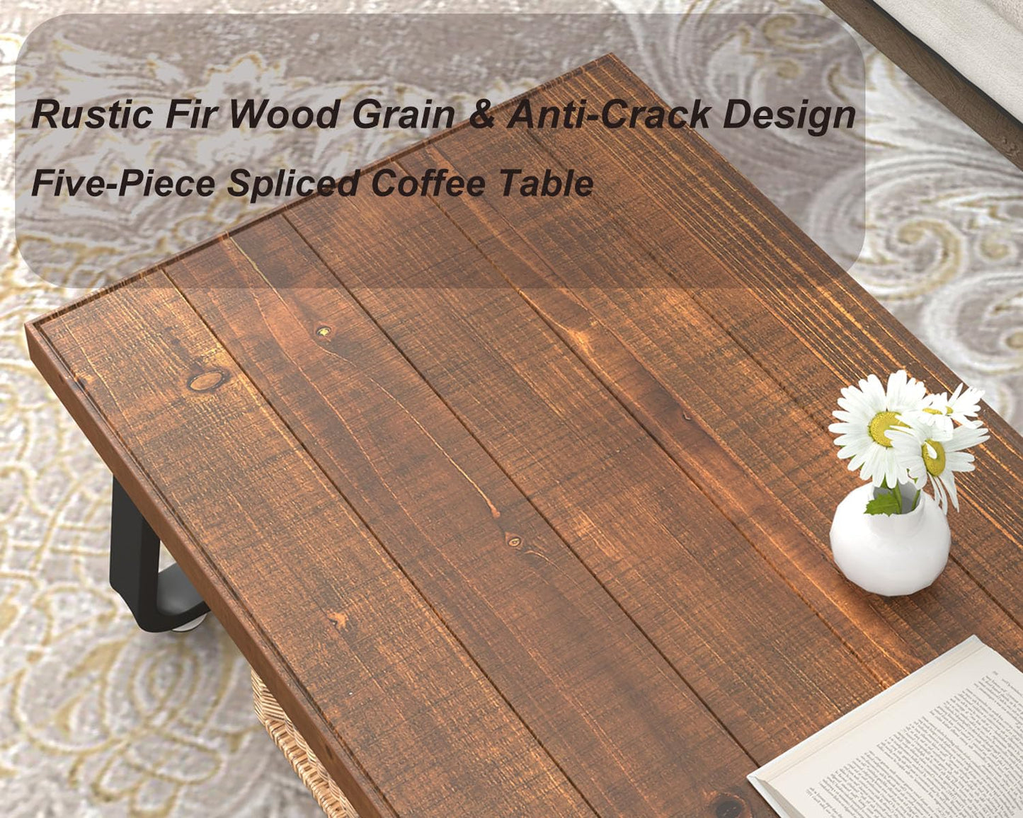 IBF Rustic Brown Wood Coffee Table, Real Wood Living Room Table, 120CM