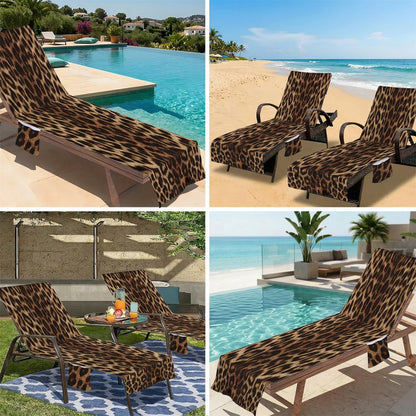 Surwin Sun Lounger Towel with Pockets, Leopard Print Beach Towel Chair Cover Sunbed Towels Lounger Bag for Summer Holiday Outdoor Garden Pool