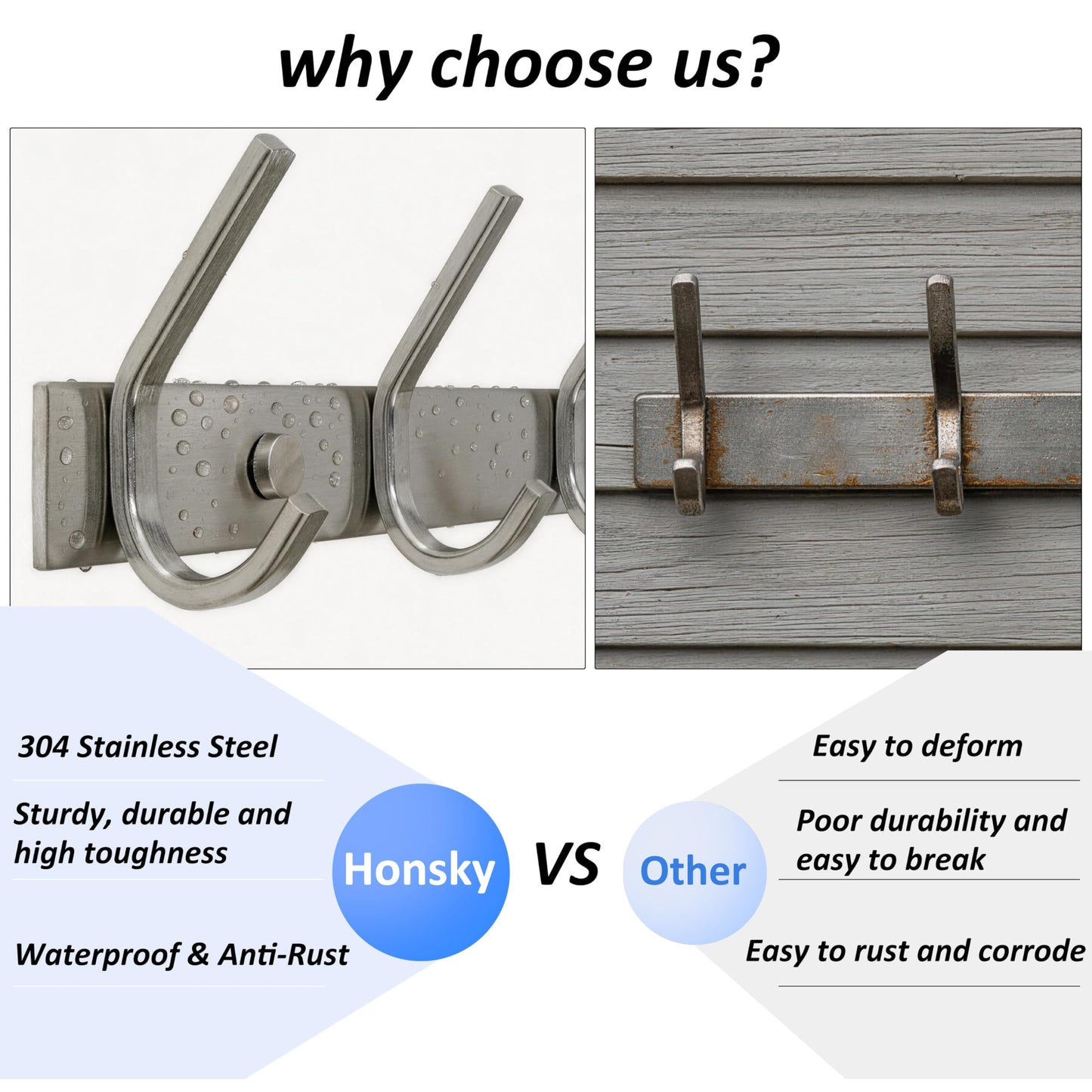 HONSKY Wall Coat Rack, 17.5cm Towel Rack, Painted Metal Wall Coat Hanger with 4 Double Hooks (8 Single Hooks),for Hanging Coat, Hat, Bag, Towel