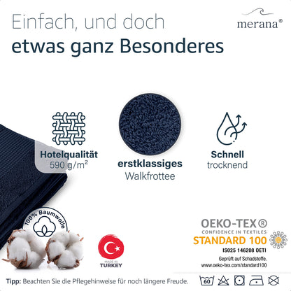 Merana Hand Towel Set Absorbent, Soft and Lint Terry Guest Towel Quality Heavy Organic Cotton 590 GSM, Pacific Blue, 6er Sparset | 4x Handtuch