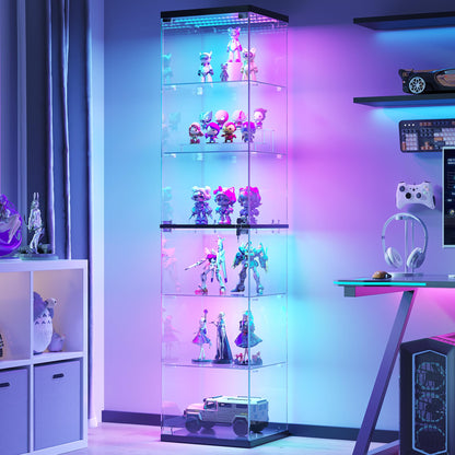 FREDEES Display Cabinet with RGB Lights and Glass Door, 6-Tier, Black