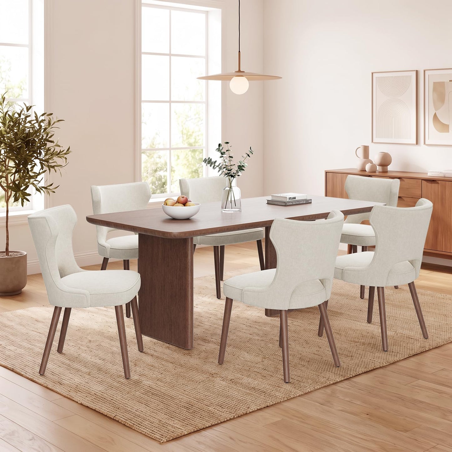 MALOL Upholstered Dining Chairs Set of 6, Dining Room Chairs with Hollow Backrest, High Back Kitchen Chairs with Solid Wood Legs, Thick Seat Cushion