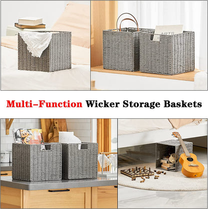 Vagusicc Wicker Baskets, Set of 2 Hand-Woven Paper Rope Storage Bins, Foldable Storage Cubes, Large Storage Baskets for Gifts Empty