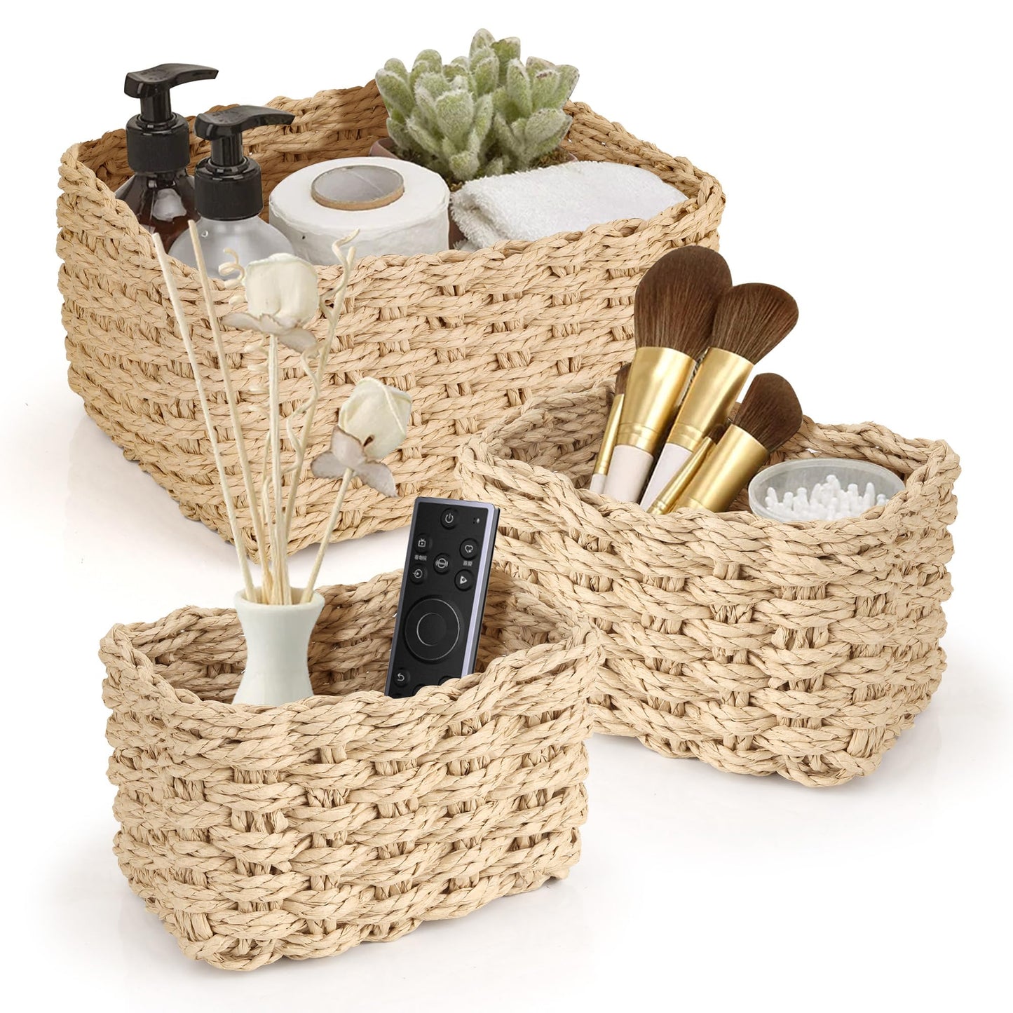 Aramanara 3 Pcs Woven Storage Baskets for Shelves, Wicker Hamper Basket