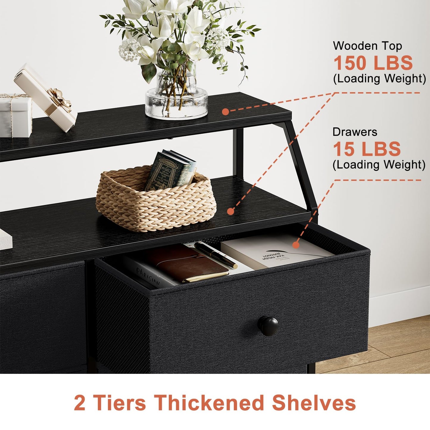 Mossora Black 8 Drawers Chest of Drawers with Open Shelves for Bedroom