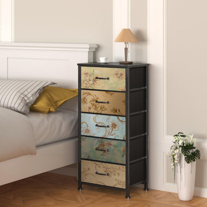 CAIYUN Chest of Drawers Bedroom with 5 Drawers, Tall Fabric Dressers with Flower Printing, Dresser for Entryway Hallway Living Room, Closet Storage