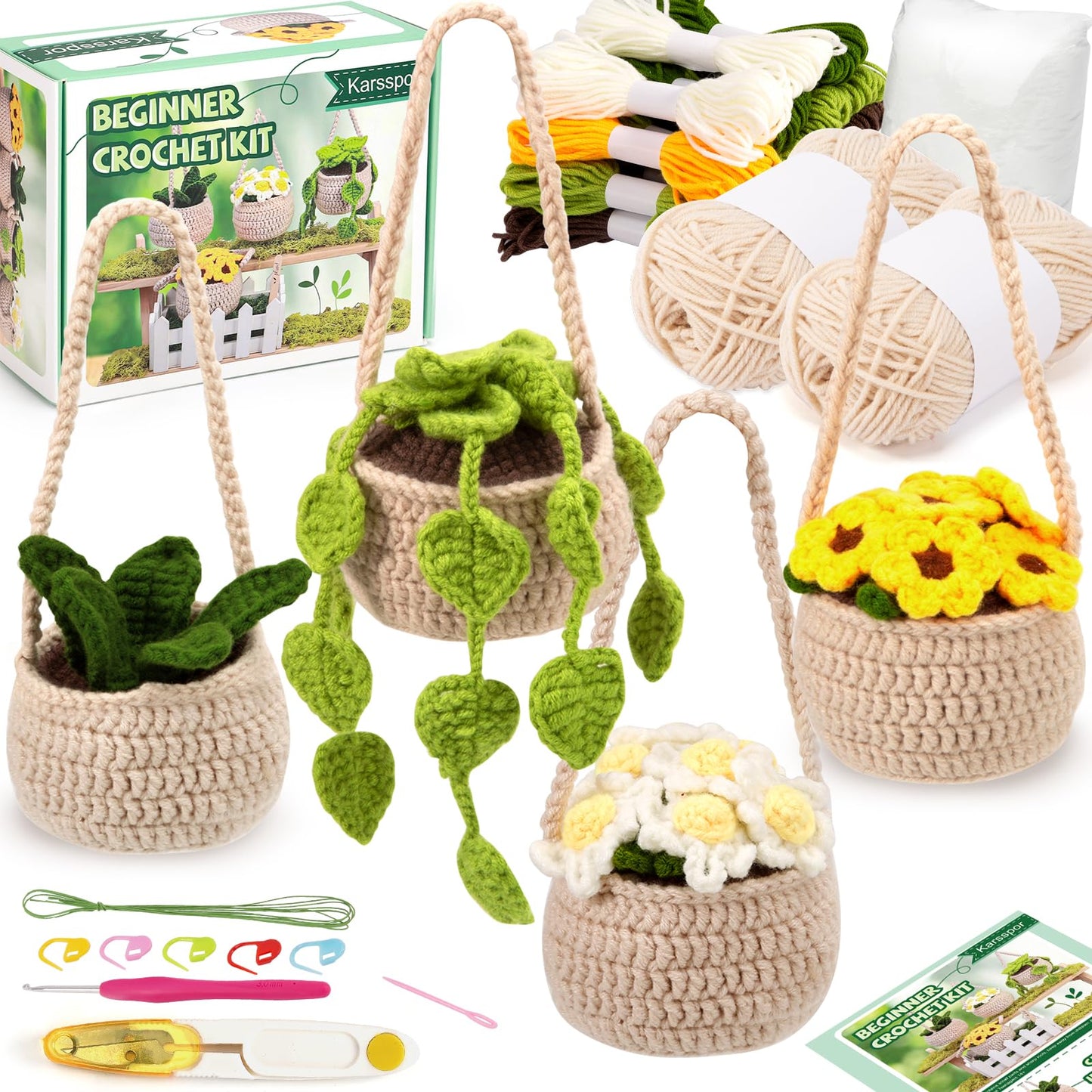 Karsspor Crochet Kit for Beginners - 4 PCS Hanging Potted Plants, Beginner Crochet Kit for Adults with Easy to Follow Tutorials, Complete Crochet Kit