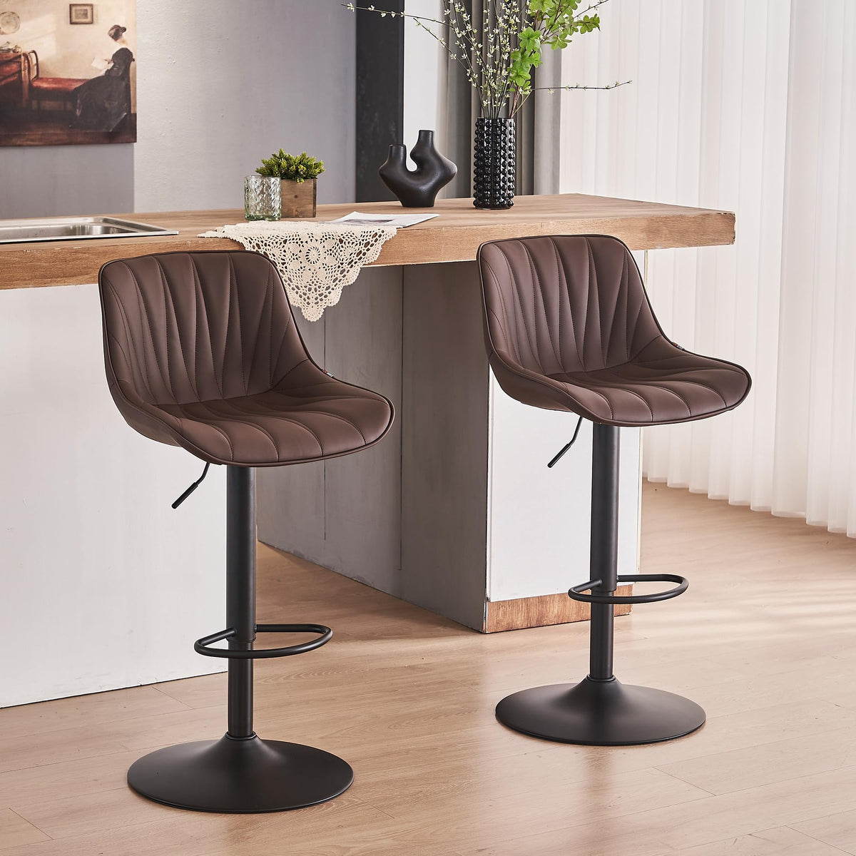 YOUNIKE Bar Stools Set of 2, Swivel Tall Barstools with Back, Adjustable Height Faux Leather Upholstered Modern Counter Height Bar Chairs