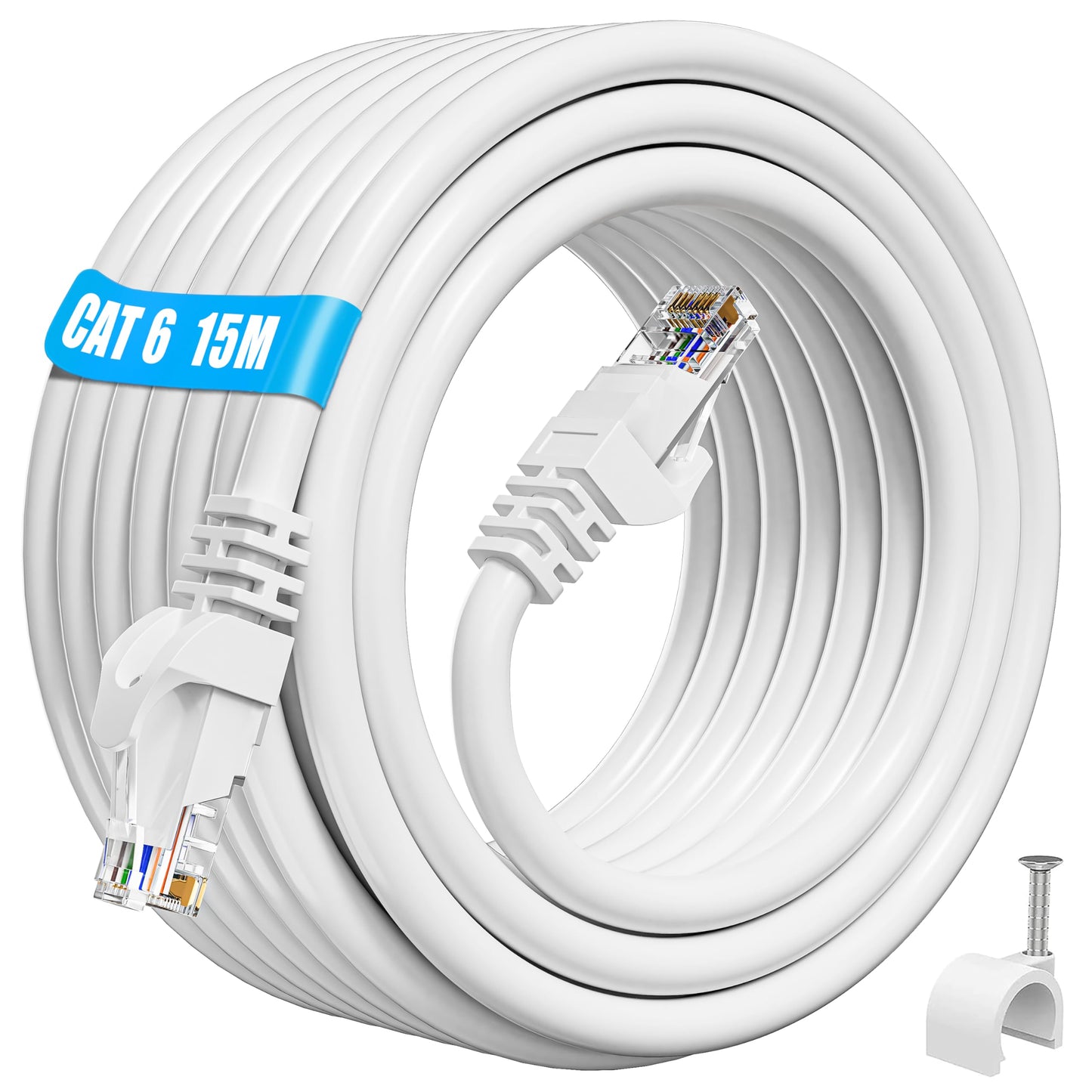 ikbc 15m Cat6 Ethernet Cable - High Speed Gigabit Network Cable with RJ45 Connector, Router PS4/5 Compatible (15 Clips)