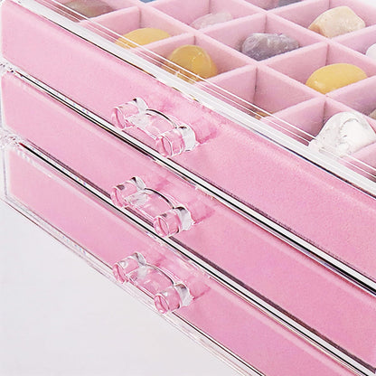 Dmnnlp Rock Display Case, 3 Drawers 54 Grids Rock Collection Box, Storage Cases for Gemstone Fossil Crystal Stone Jewellery (Pink)