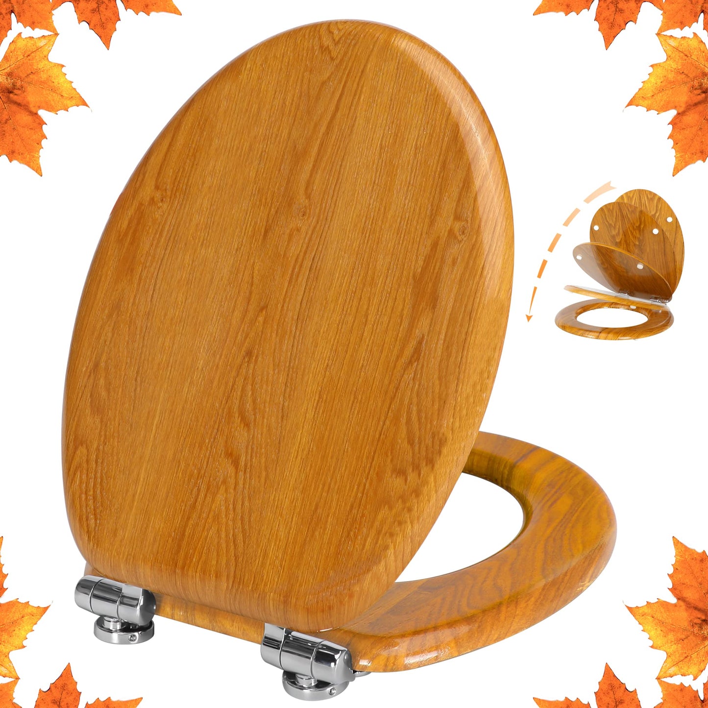 Angel Shield Natural Wooden Toilet Seat with Quiet Close and Quick Release Hinges, Easy Install and Clean, Antibacterial (Oak Yellow)