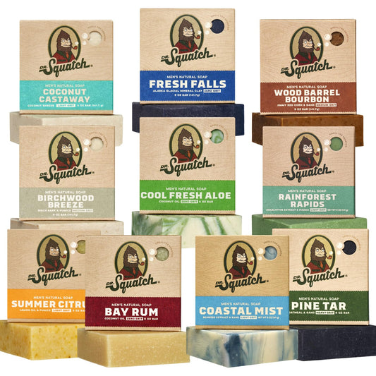 Dr. Squatch Men's Soap Bar Gift Set 10 Bars ? Coconut Castaways, Fresh Falls, Wood Barrel Bourbon, Birchwood Breeze, Cool Fresh Aloe, Rainforest
