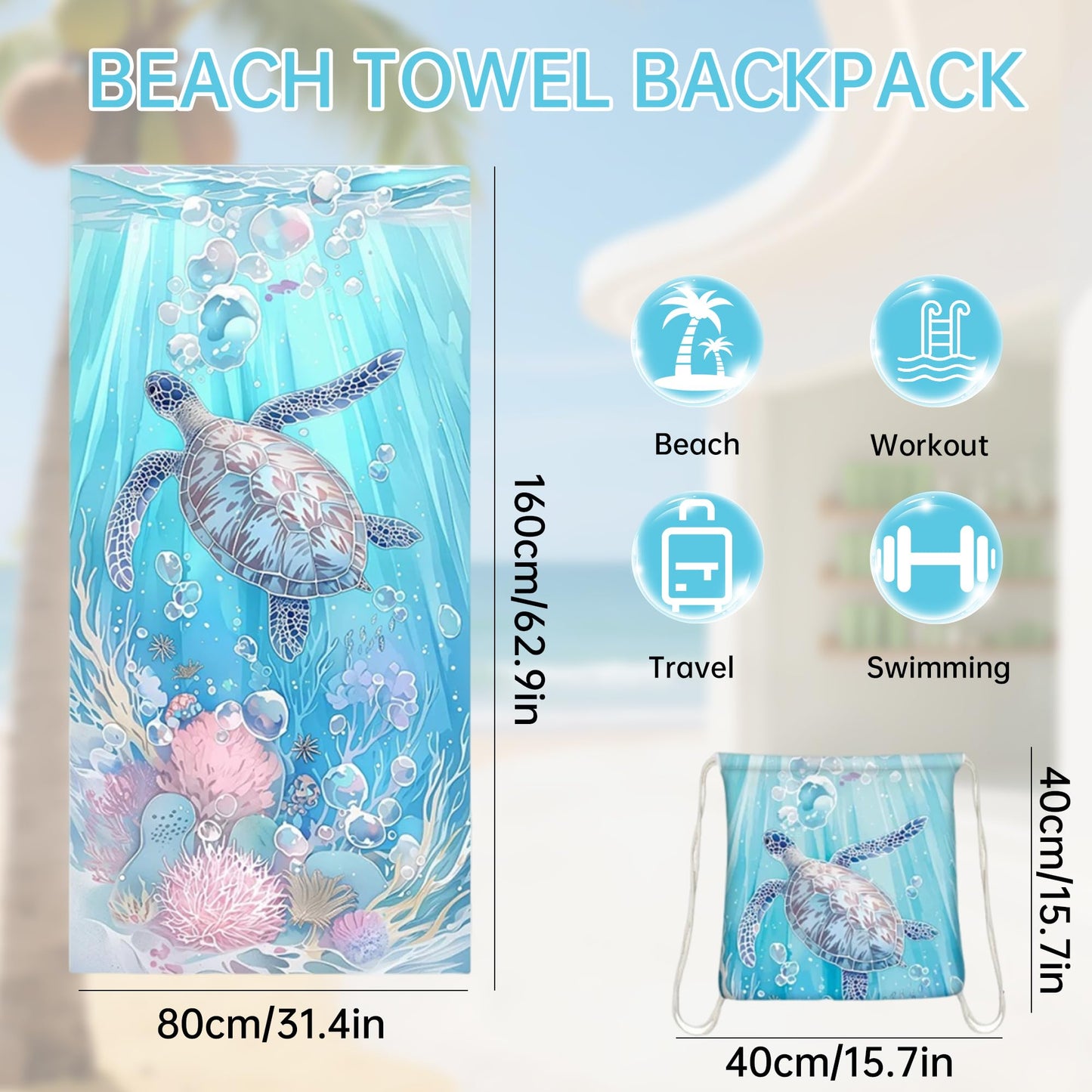 Senshuomy 2-in-1 Beach Towel Bag, Convertible Drawstring Beach Towel Backpack, Sand Free Quick Dry Microfiber Beach Towel for Adults