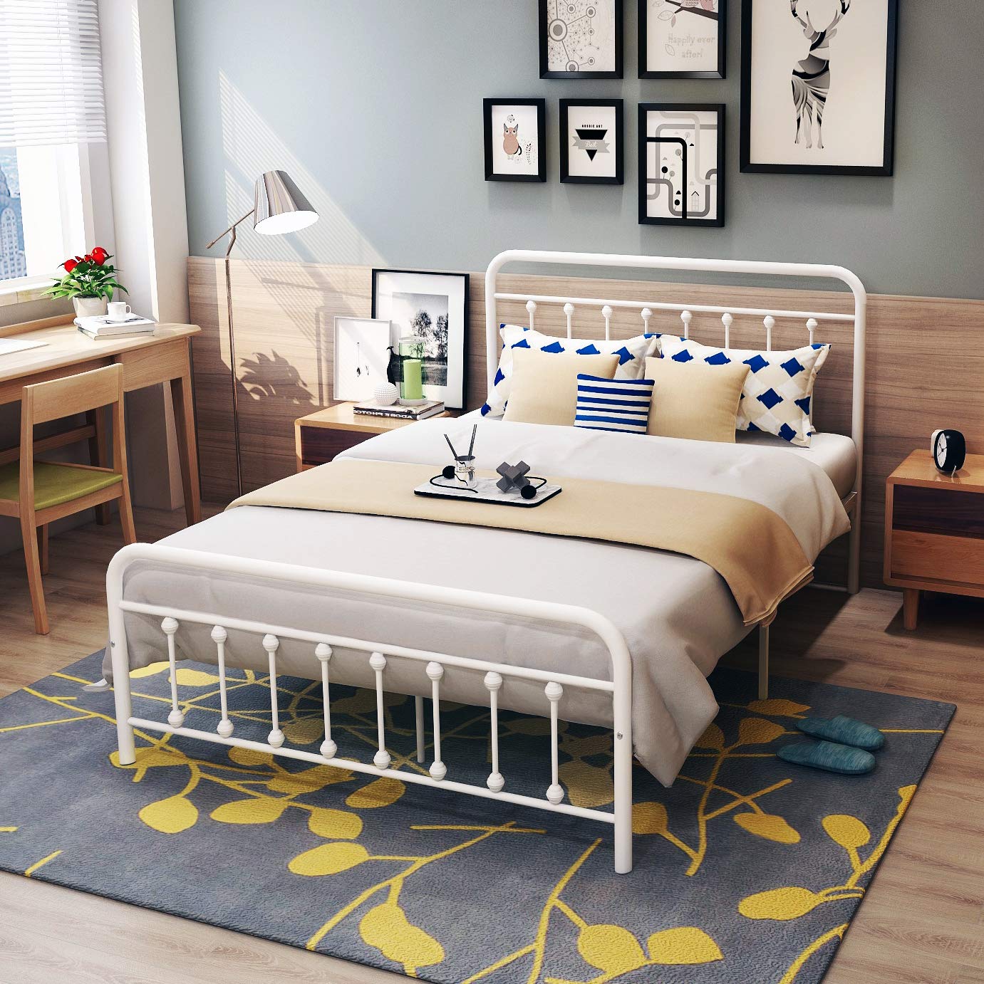 DUMEE Double Bed Frame with Headboard and Footboard Heavy Duty Mattress Foundation, No Box Spring Needed, Enhanced Mattress Support, Noise Free