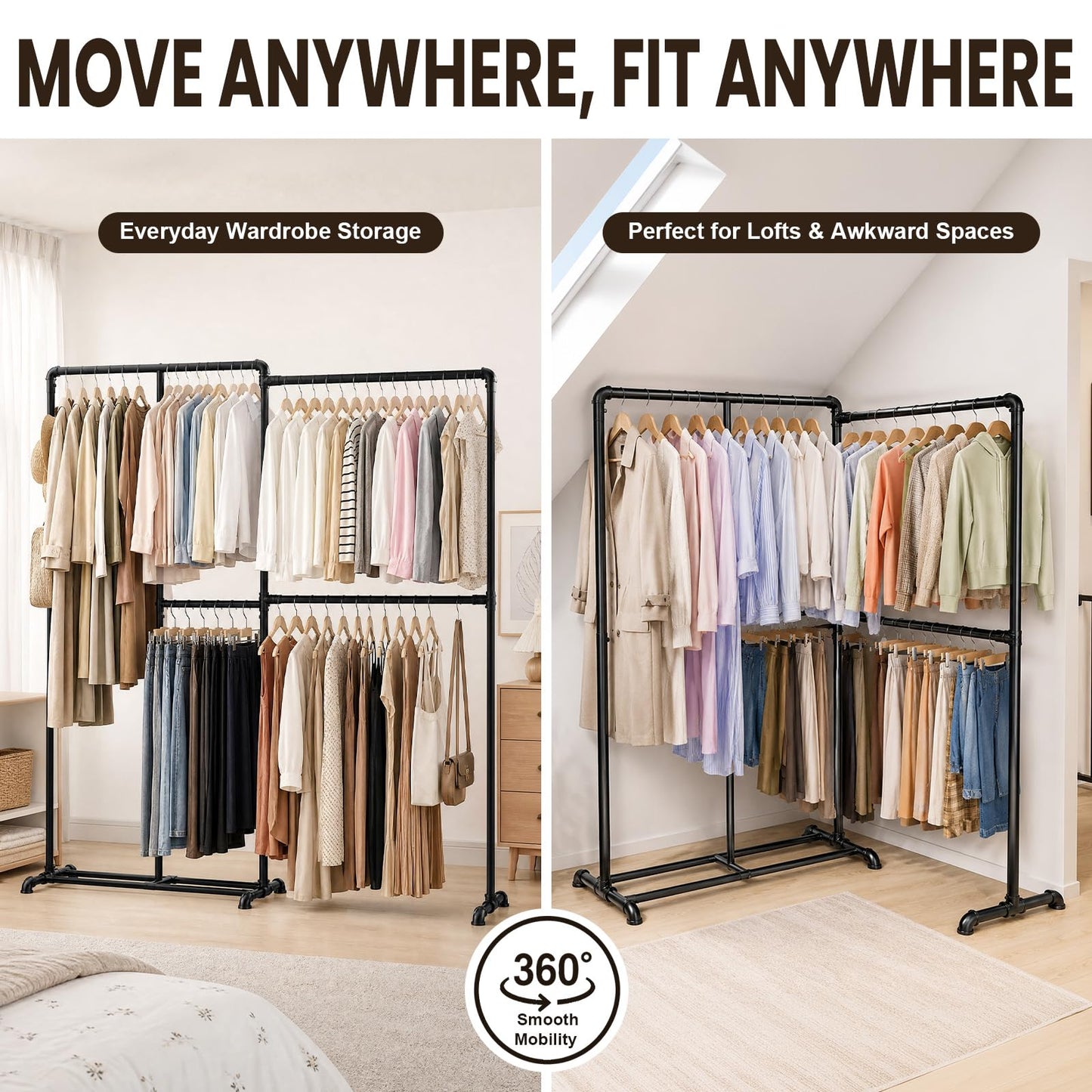 OPPAIYA Heavy Duty Clothes Rail, 195 x 170cm Adjustable Layout Corner Clothes Rack