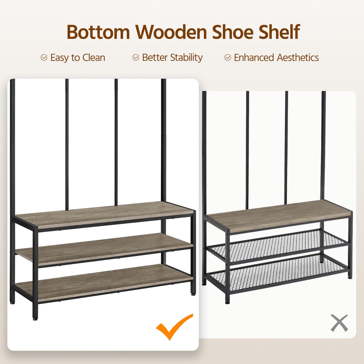 Yaheetech 3-in-1 Hall Tree Coat Rack with Shoe Bench & 24 Hooks, Gray
