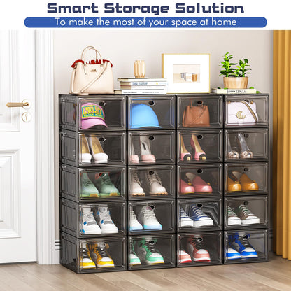 TidyTrove Shoe Storage Box, 9 Pcs Shoe Box Clear Plastic Stackable, Sturdy Foldable Shoe Organizer Containers with Magnetic Door for Women/Men, Black