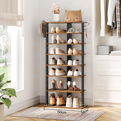 HOOBRO Shoe Rack Wooden, Tall Shoe Rack, Narrow Shoe Storage Organizer with 2 Hooks, Slim Narrow Shelf, Vertical Tower for Entrance, Living Room