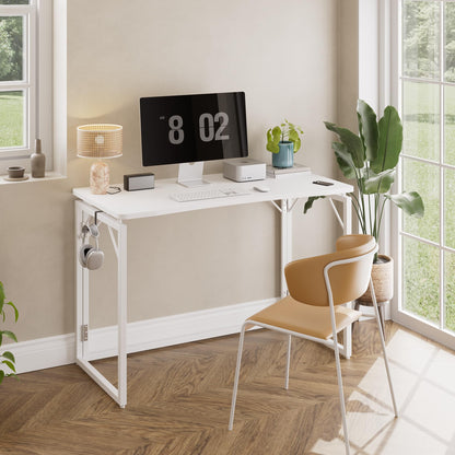 JOYMOOP White Folding Desk - 100 x 50 cm, No Assembly Middle Size Foldable Desk for Home, Office, Wooden Top Folding Computer Desk for Working