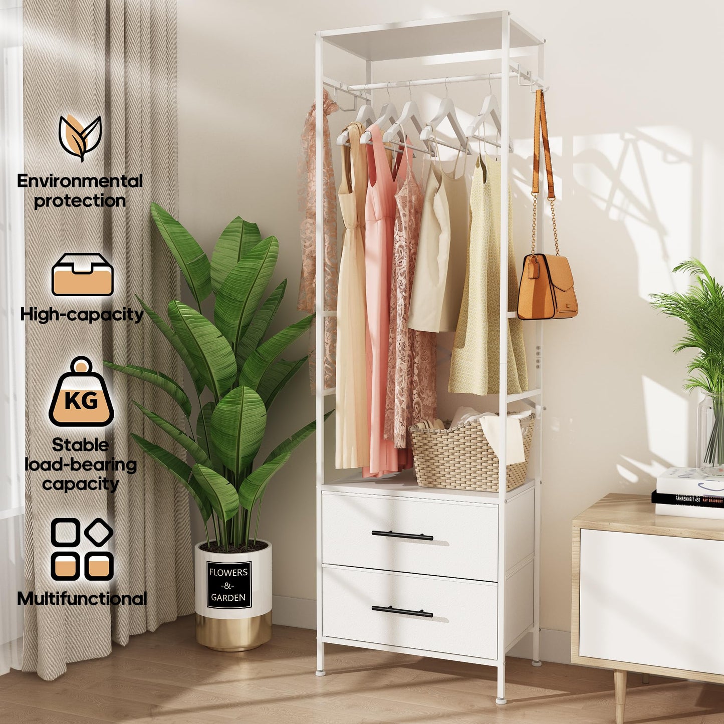 MYGIIVOVO Open Wardrobe, Clothes Rail with Drawers for Bedroom, with 2 White Fabric Drawers, 4 Side Hooks and Metal Frame 30D x 50W x 172H cm