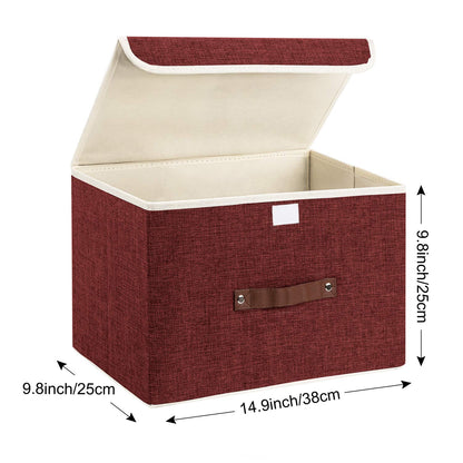 TYEERS Collapsible Storage Box with Lid, Fabric Storage Box for Clothes, Wardrobe Storage, 38x25x25 cm, Set of 5, Red Wine