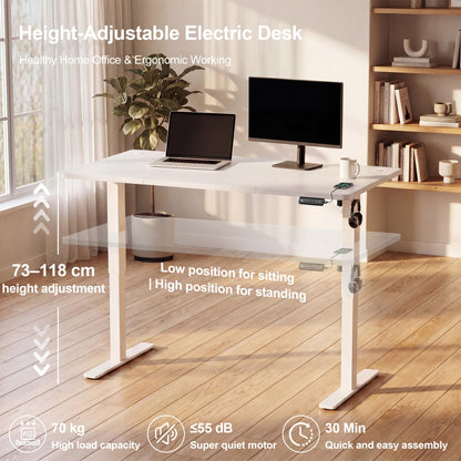 JUMMICO Electric Standing Desk 160x60cm – Height Adjustable with USB Charging, Sedentary Reminder, Memory Heights for Home Office Use, White