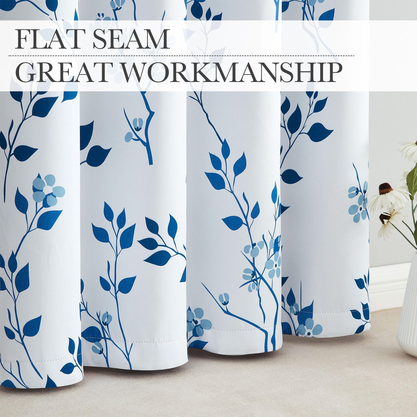 Beauoop Navy Blue Floral Blackout Curtains for Living Room Bedroom 90 Inch Drop Leaf Print Eyelet Curtain Botanical Thermal Insulated Noise Reducing