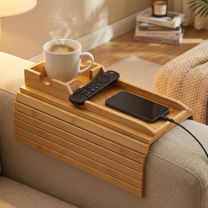 Bamboo Sofa Arm Tray, Foldable Table with Cup Holder and Remote Caddy