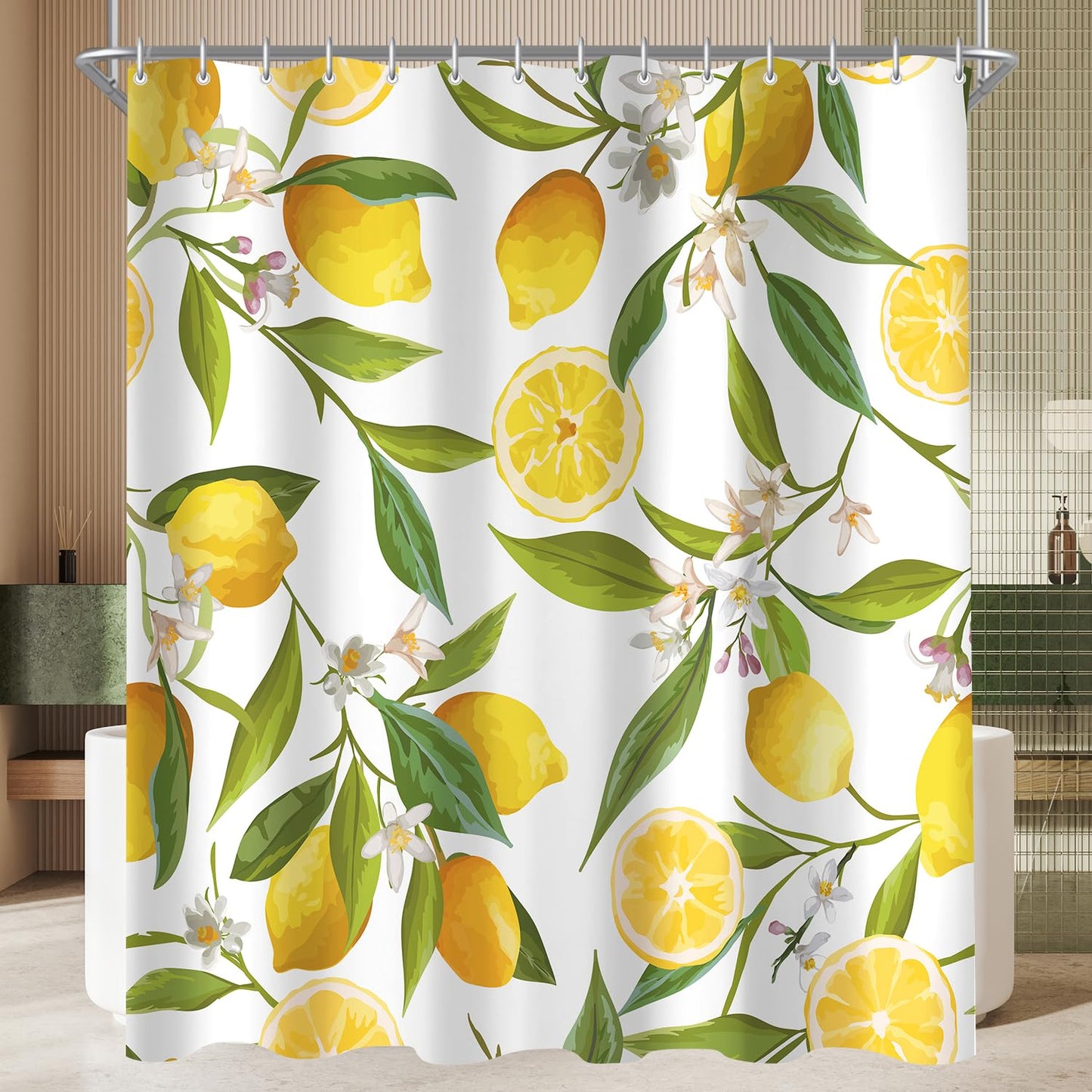 Lerores Shower Curtain, 180 x 200 cm, Lemon Leaf, Weighted Hem, Anti-Mould, Water-Repellent, Washable Polyester Bath Curtains with 12 Eyelets and