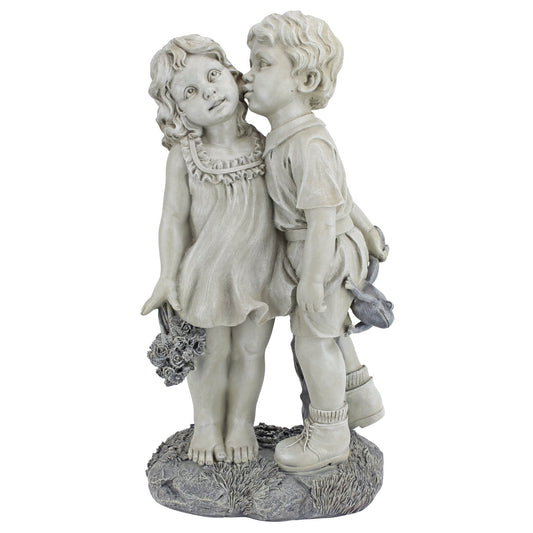 Design Toscano Young Sweethearts Kissing Children Outdoor Garden Statue, Polyresin, Two Tone Stone, 56 cm, 22 Inch