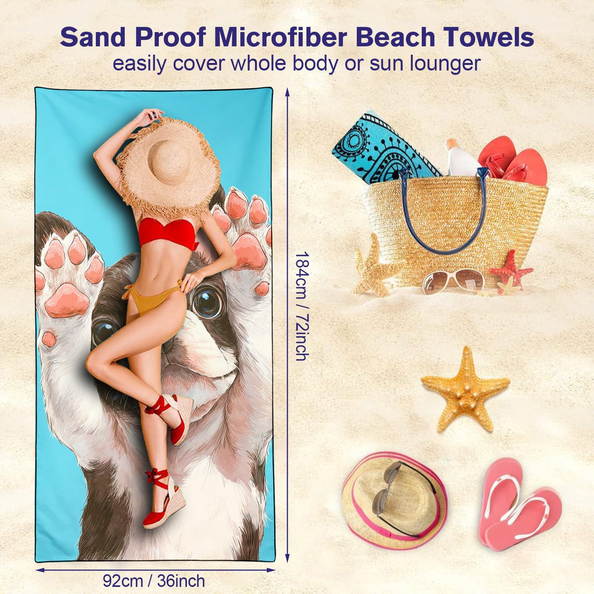 Violetpos Boston Terrier Beach Towel for Dog Lovers, Extra Large 180x90 cm 250GSM Microfibre, Sand Free Quick Dry