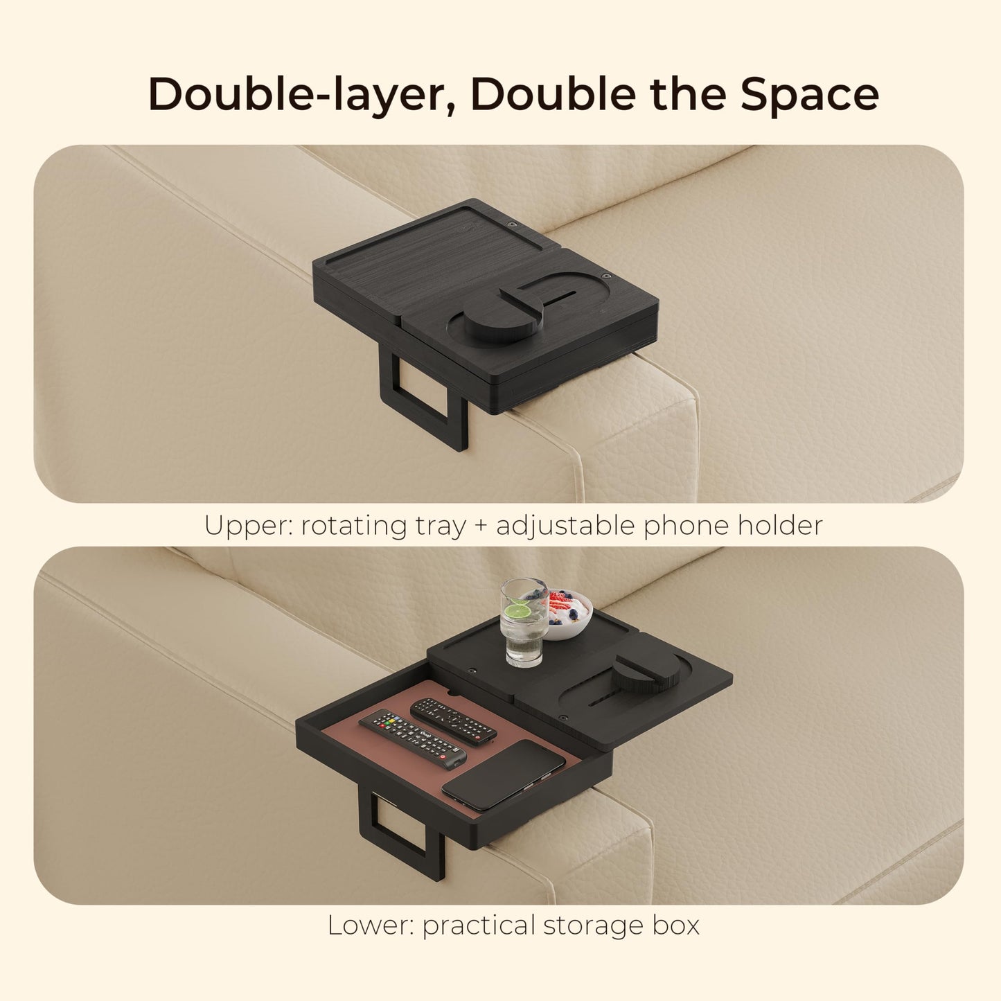 Wealone Black Couch Arm Tray with 2 Rotatable Tray, Adjustable Sofa Arm Clip Table with Storage Box & 360° Phone Holder