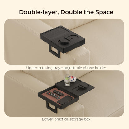 Wealone Black Couch Arm Tray with 2 Rotatable Tray, Adjustable Sofa Arm Clip Table with Storage Box & 360° Phone Holder